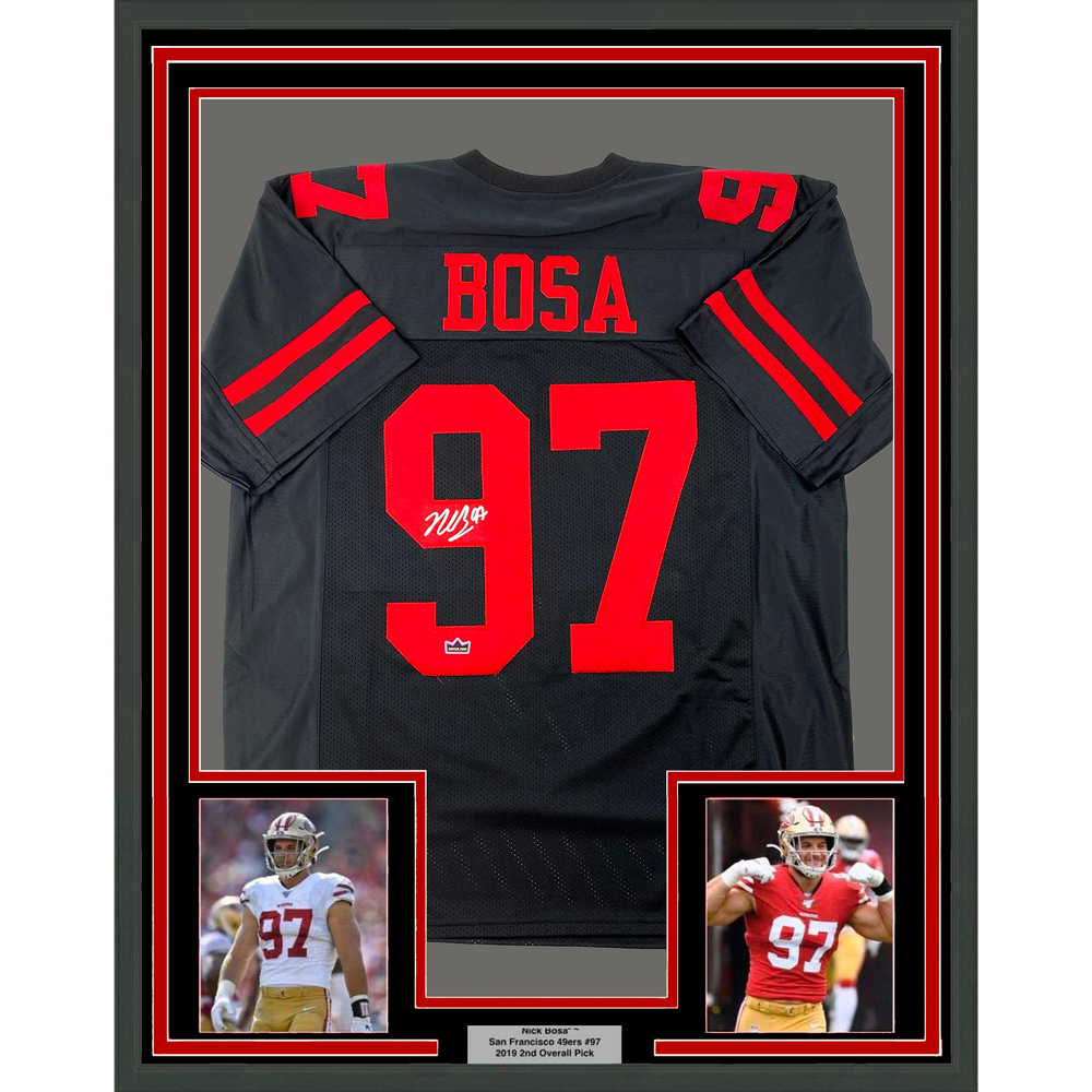 Framed Facsimile Autographed Nick Bosa 35x39 San Francisco Black Reprint Laser Auto Football Jersey (ONLINE ORDER ONLY)