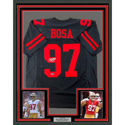 Framed Facsimile Autographed Nick Bosa 35x39 San Francisco Black Reprint Laser Auto Football Jersey (ONLINE ORDER ONLY)