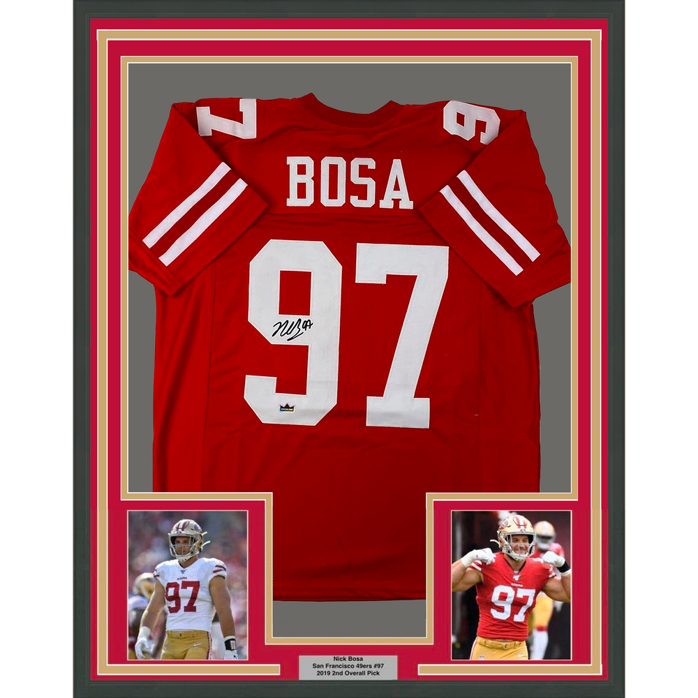 Framed Facsimile Autographed Nick Bosa 35x39 San Francisco Red Reprint Laser Auto Football Jersey (ONLINE ORDER ONLY)