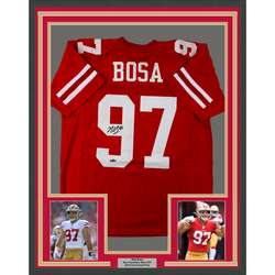 Framed Facsimile Autographed Nick Bosa 35x39 San Francisco Red Reprint Laser Auto Football Jersey (ONLINE ORDER ONLY)