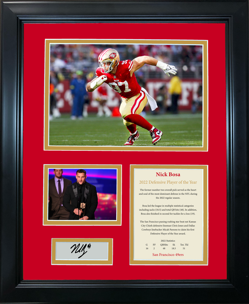 Framed Nick Bosa 2022 Defensive Player of The Year Award Facsimile Laser Engraved Signature Auto San Francisco 49ers 11"x14" Football Photo Sig Collage (ONLINE ORDER ONLY)