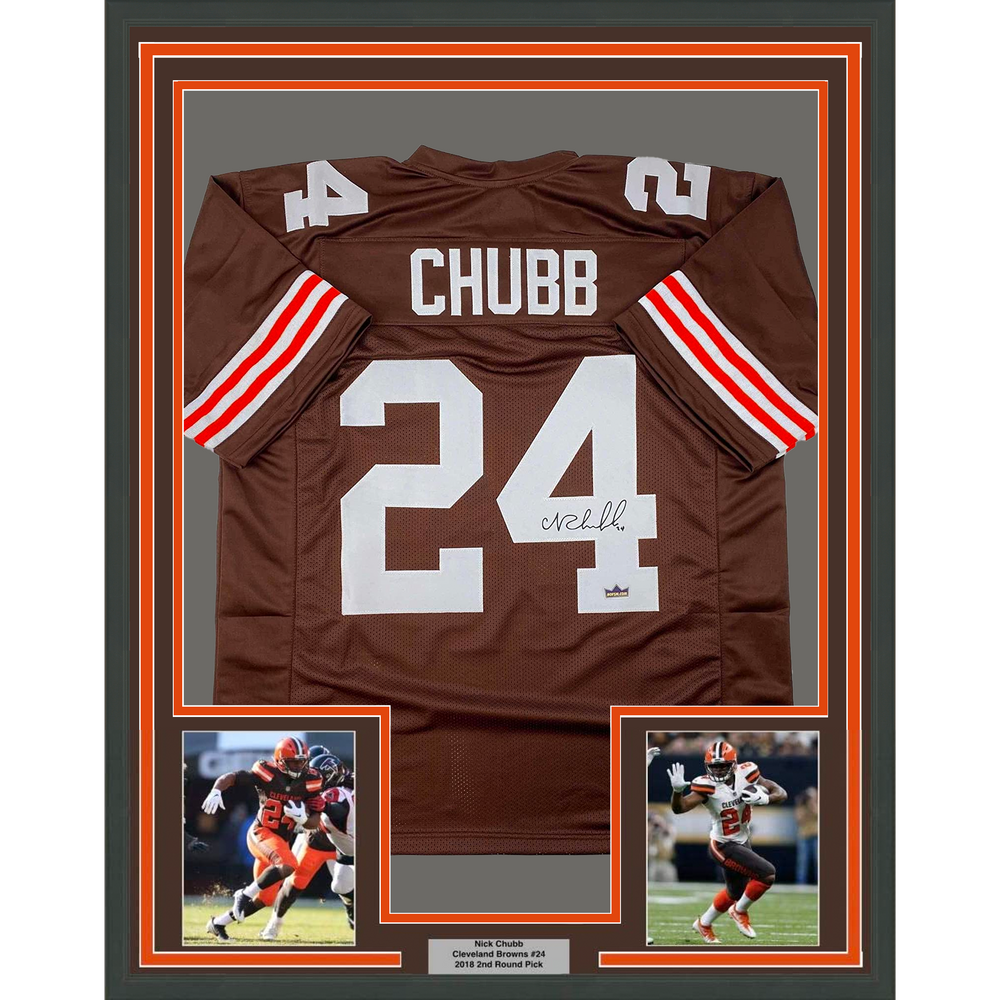 Framed Facsimile Autographed Nick Chubb 35x39 Cleveland Brown Reprint Laser Auto Football Jersey (ONLINE ORDER ONLY)