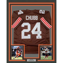Framed Facsimile Autographed Nick Chubb 35x39 Cleveland Brown Reprint Laser Auto Football Jersey (ONLINE ORDER ONLY)