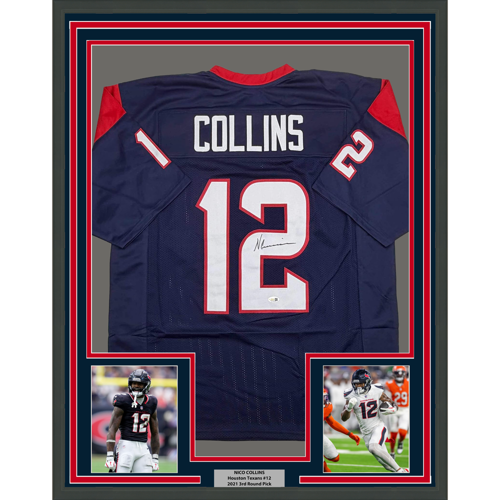 Framed Autographed/Signed Nico Collins 35x39 Houston Blue Rookie Football Jersey JSA COA