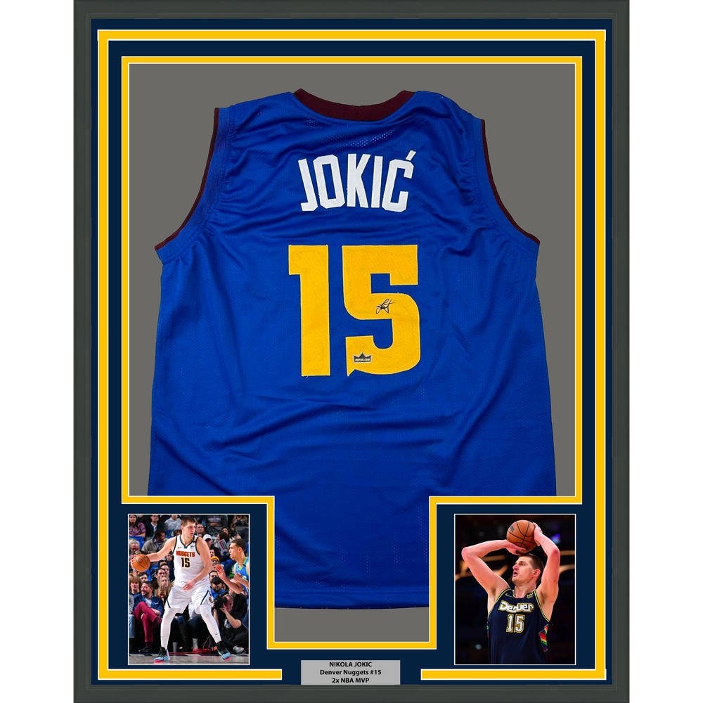 Framed Facsimile Autographed Nikola Jokic 35x39 Denver Royal Blue Reprint Laser Auto Basketball Jersey (ONLINE ORDER ONLY)