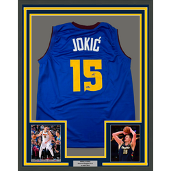 Framed Facsimile Autographed Nikola Jokic 35x39 Denver Royal Blue Reprint Laser Auto Basketball Jersey (ONLINE ORDER ONLY)