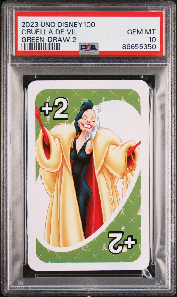 2023 UNO DISNEY 100 CRUELLA DE VIL GREEN DRAW 2 PSA 10 (Online Order Only)