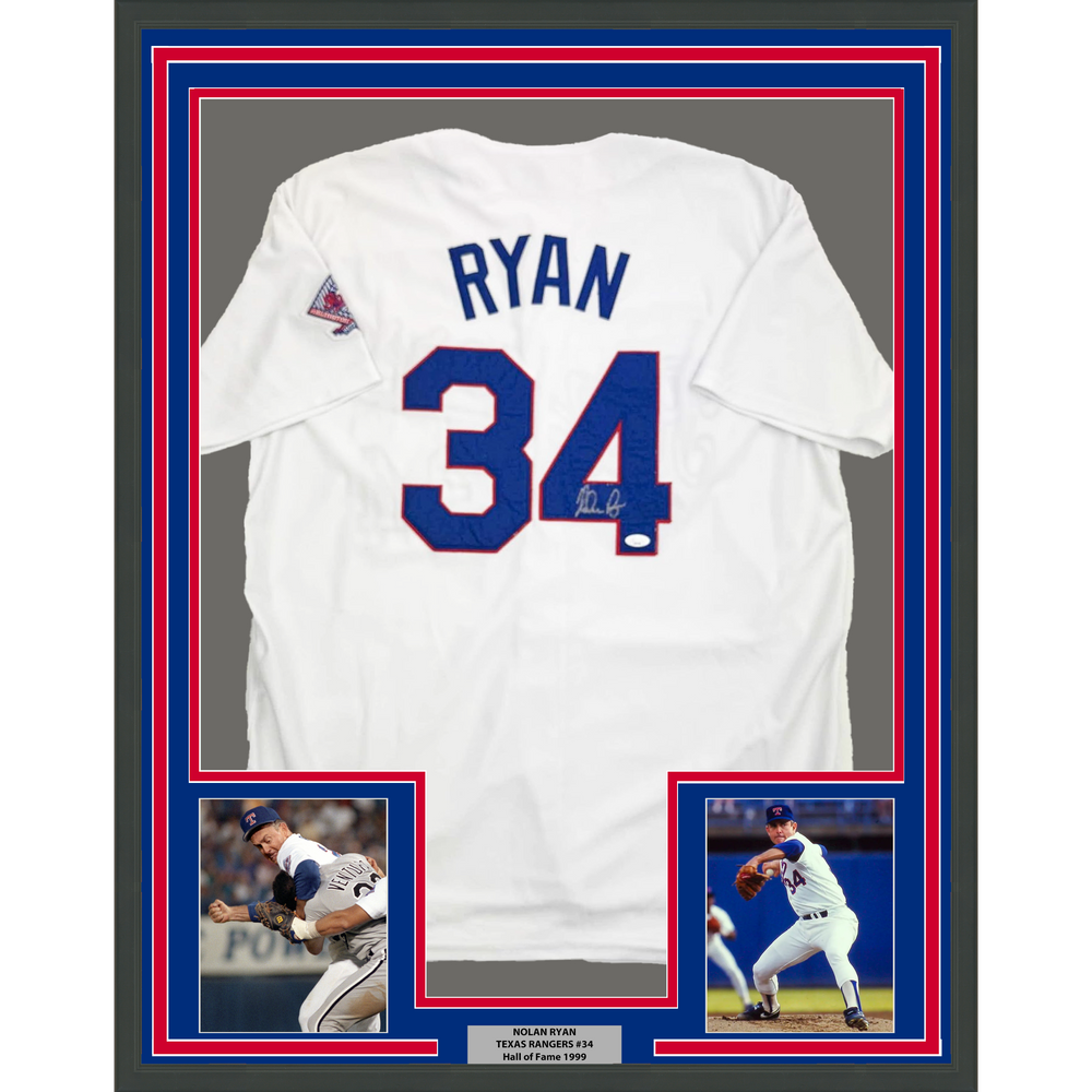 Framed Autographed/Signed Nolan Ryan 35x39 Texas Rangers White Baseball Jersey JSA COA (ONLINE ORDER ONLY)