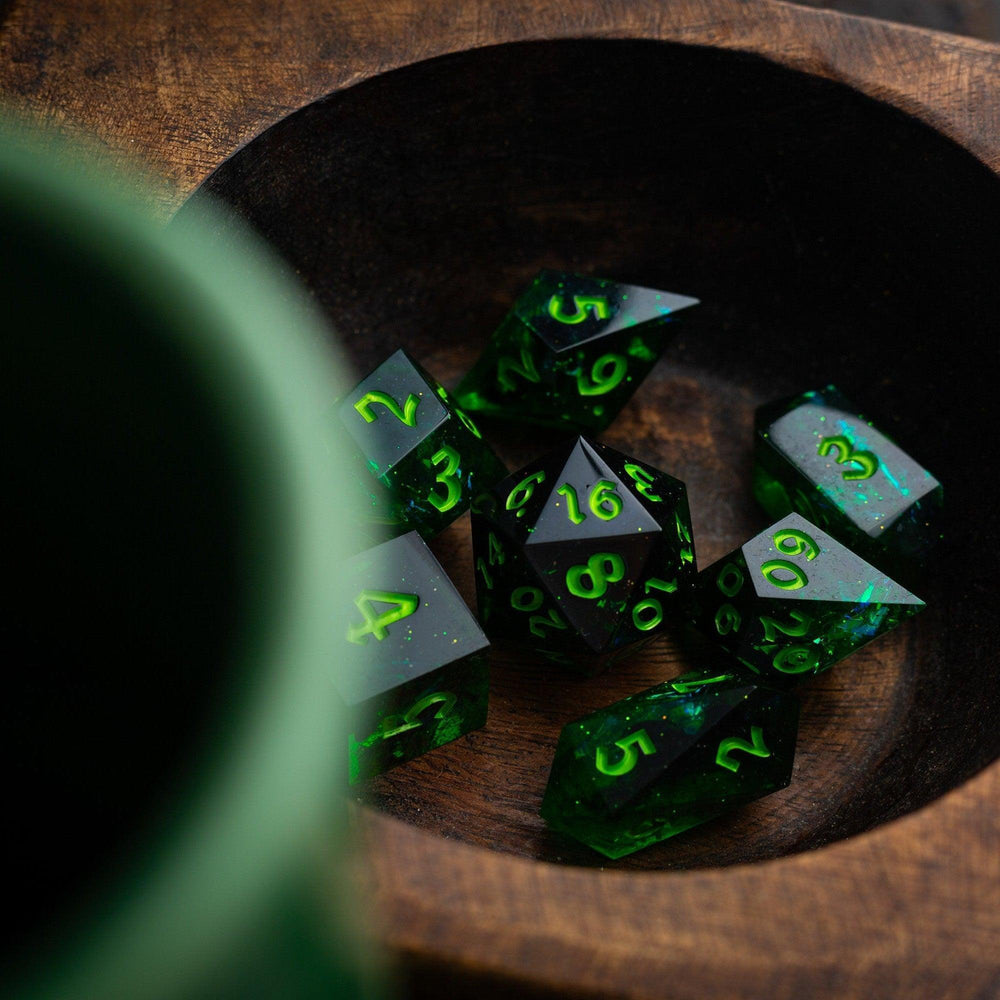 Nox Green Handmade Resin DND Dice Set (ONLINE ORDER ONLY)