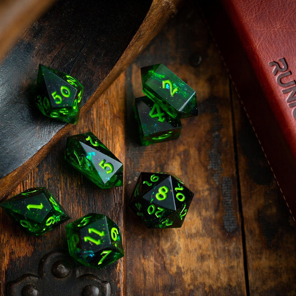 Nox Green Handmade Resin DND Dice Set (ONLINE ORDER ONLY)