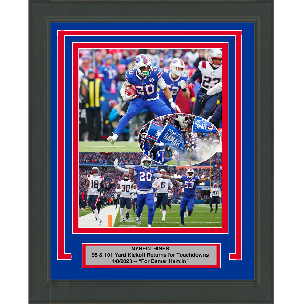 Framed Nyheim Hines 2 Kickoff Touchdown Returns  For Damar Hamlin  Buffalo Bills 8x10 Football Photo (ONLINE ORDER ONLY)