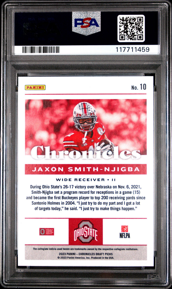 Graded 2023 Panini Chronicles Draft Picks Jaxon Smith-Njigba #10 Rookie RC Football Card PSA 10 Gem Mint (ONLINE ORDER ONLY)