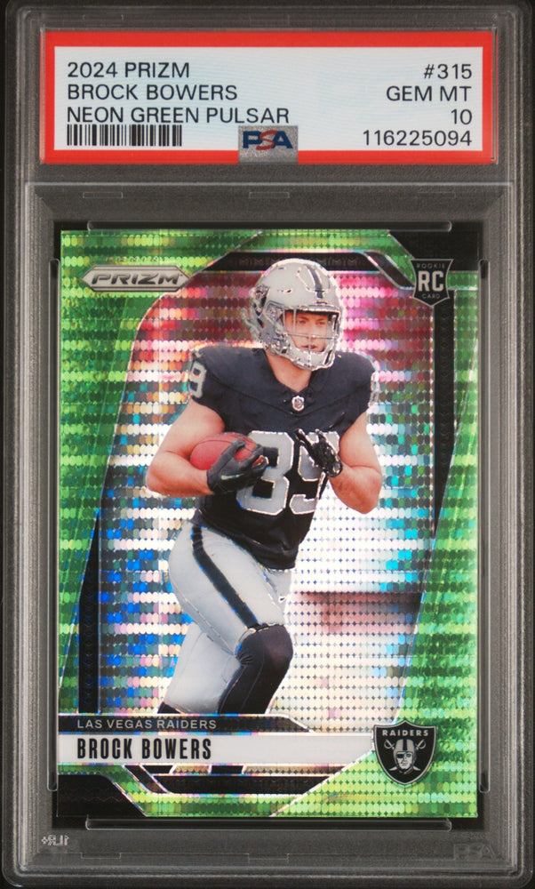 Graded 2024 Panini Prizm Brock Bowers #315 Neon Green Pulsar Rookie RC Football Card PSA 10 Gem Mint (ONLINE ORDER ONLY)