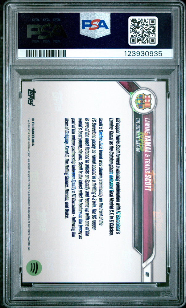 Graded 2024 Topps Now Lamine Yamal/Travis Scott #1 FC Barcelona Gold /50 Soccer Card PSA 9 Mint