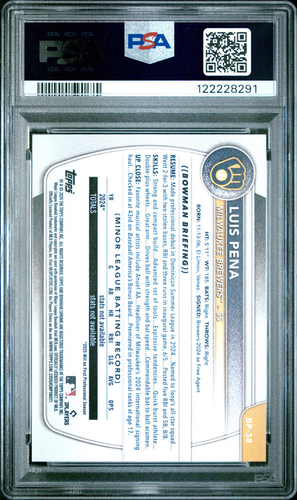Graded 2025 Topps Bowman Luis Pena #BP38 Paper Prospects Rookie RC Baseball Card PSA 9 Mint