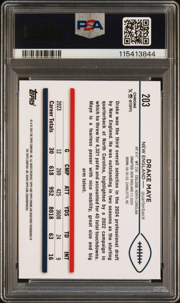 Graded 2024 Topps Chrome Drake Maye #203 Rookie RC Football Card PSA 9 Mint (ONLINE ORDER ONLY)