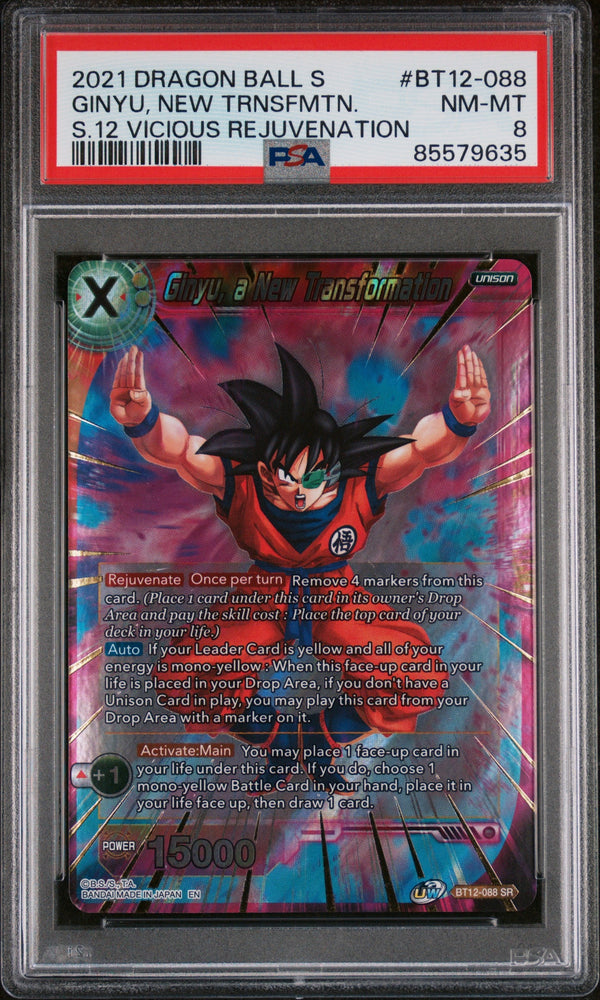 2021 DRAGON BALL SUPER VICIOUS REJUVENATION GINYU, NEW TRNSFMTN. #BT12-088 PSA 8 (Online Order Only)