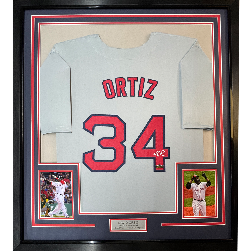 Framed Facsimile Autographed David Ortiz 35x39 Boston Grey Reprint Laser Auto Baseball Jersey (ONLINE ORDER ONLY)