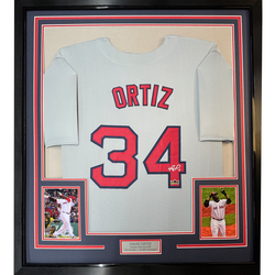 Framed Facsimile Autographed David Ortiz 35x39 Boston Grey Reprint Laser Auto Baseball Jersey (ONLINE ORDER ONLY)