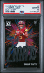 Graded 2024 Panini Donruss Optic Jayden Daniels #8 Light It Up Rookie RC Football Card PSA 10 Gem Mint (ONLINE ORDER ONLY)