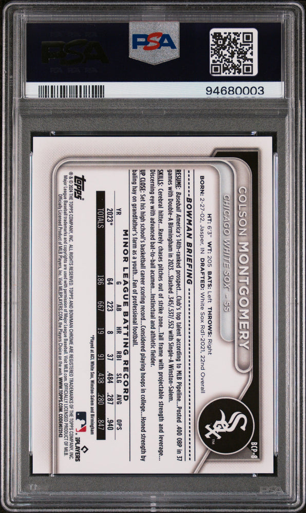 Graded 2024 Topps Bowman Colson Montgomery #BCP8 Chrome Prospects Fuchsia Lunar Refractor /199 Rookie RC Baseball Card PSA 10 Gem Mint (ONLINE ORDER ONLY)