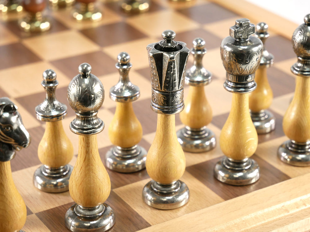 Chess Set - Big Staunton Metal and Wood Maple & Golden Rosewood Chessmen on Inlaid Beechwood Chest (ONLINE ORDER ONLY)