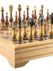 Chess Set - Big Staunton Metal and Wood Maple & Golden Rosewood Chessmen on Inlaid Beechwood Chest (ONLINE ORDER ONLY)