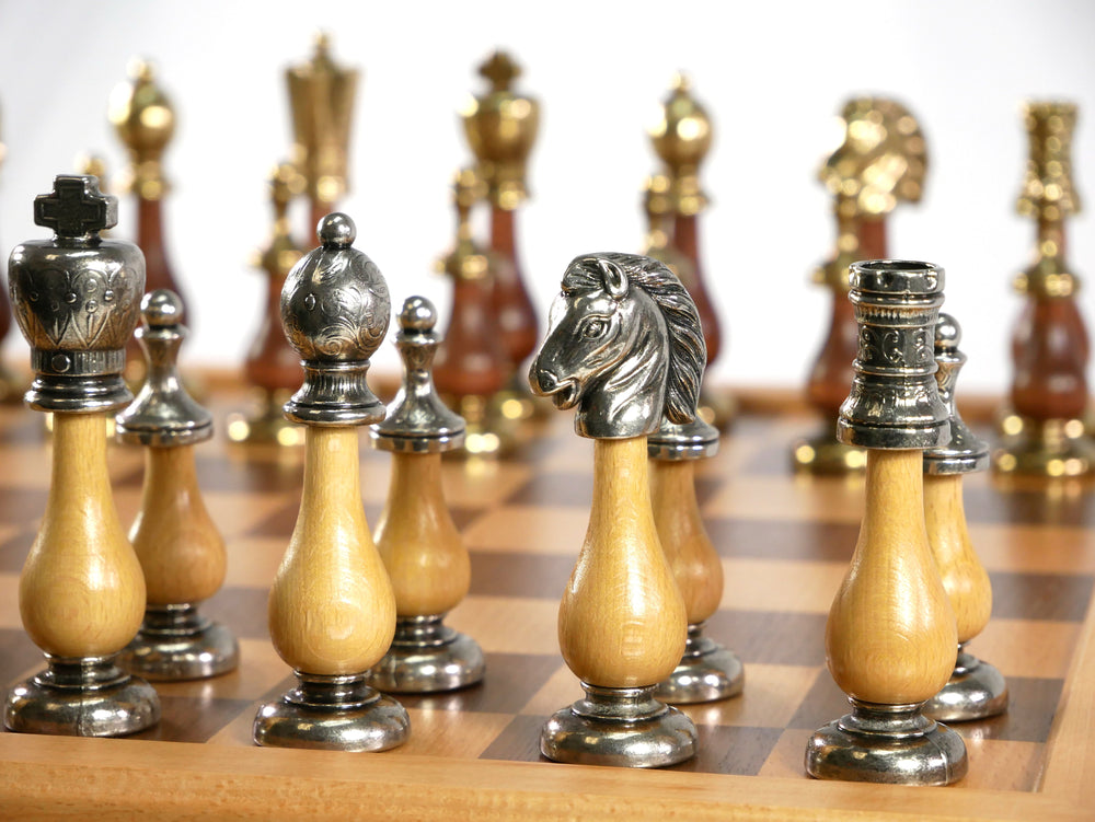 Chess Set - Big Staunton Metal and Wood Maple & Golden Rosewood Chessmen on Inlaid Beechwood Chest (ONLINE ORDER ONLY)