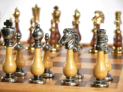 Chess Set - Big Staunton Metal and Wood Maple & Golden Rosewood Chessmen on Inlaid Beechwood Chest (ONLINE ORDER ONLY)
