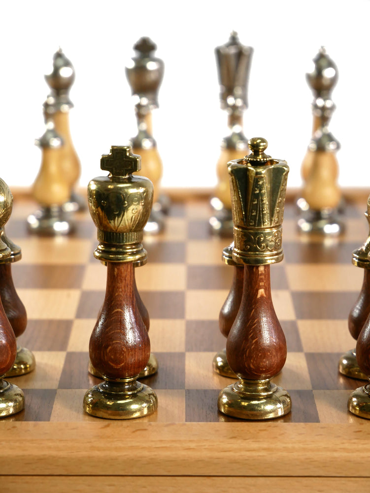 Chess Set - Big Staunton Metal and Wood Maple & Golden Rosewood Chessmen on Inlaid Beechwood Chest (ONLINE ORDER ONLY)