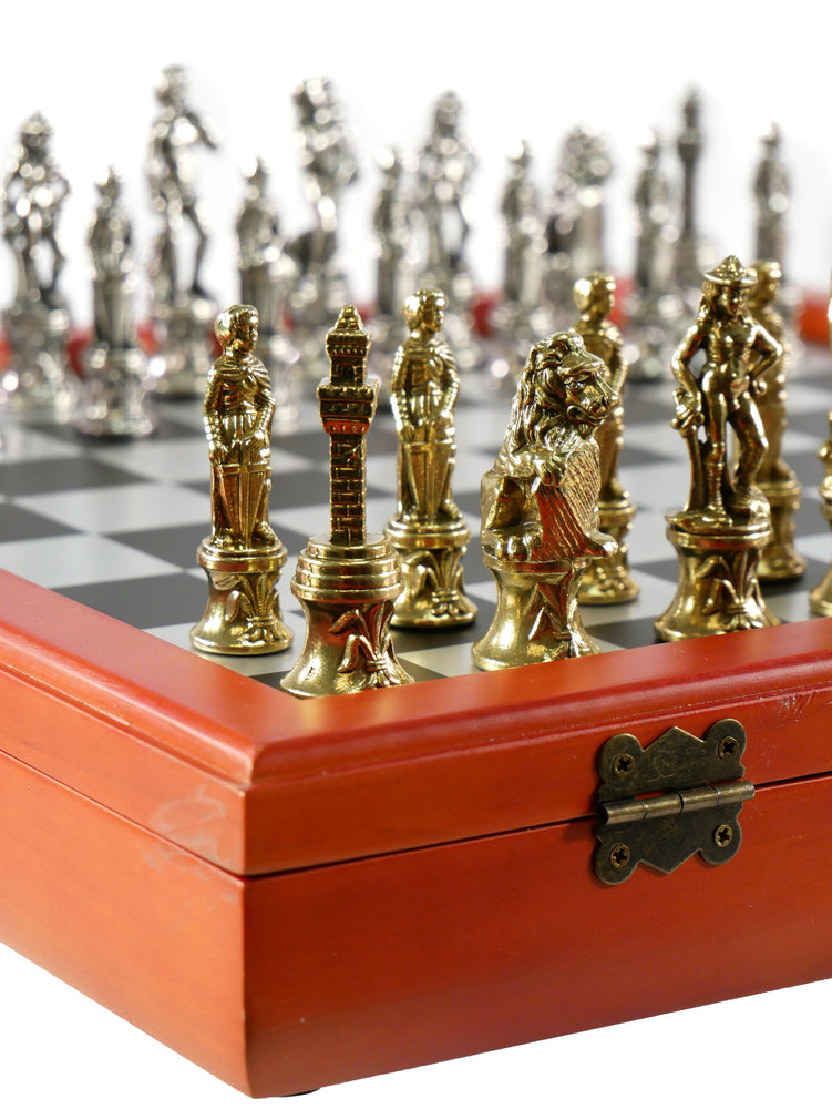 Chess Set - Florence Metal Chessmen on Cherry Stained Chest