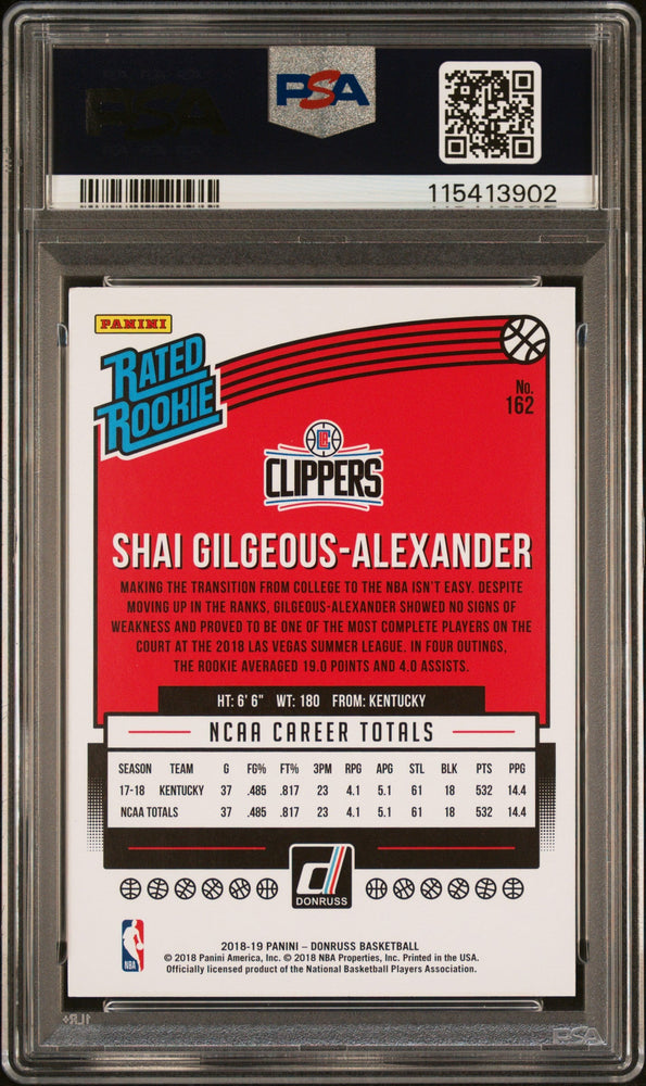Graded 2018 Panini Donruss Shai Gilgeous-Alexander #162 Rookie RC Basketball Card PSA 7 Near Mint