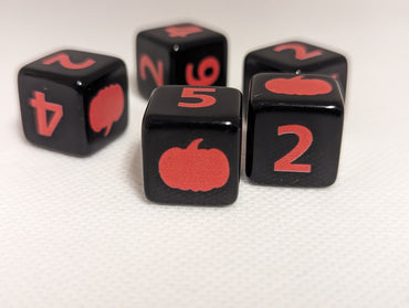 Pumpkin Harvest D6 Dice | Black Dice with Orange Numbers and Pumpkins (sold per die) (Online Only)