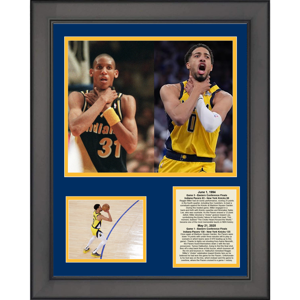 Framed Tyrese Halburton Reggie Miller Choke Celebration Indiana Pacers Game 1 2025 NBA Eastern Conference Finals Basketball 11"x14" Three Photo Collage (ONLINE ORDER ONLY)