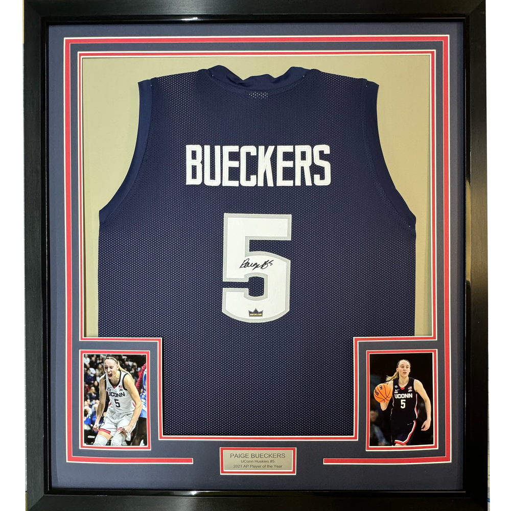 Framed Facsimile Autographed Paige Bueckers 35x39 UConn Blue Reprint Laser Auto College Basketball Jersey (ONLINE ORDER ONLY)
