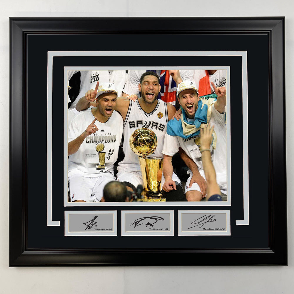 Framed Tony Parker, Tim Duncan and Manu Ginobili Facsimile Laser Engraved Signatures San Antonio Spurs 19x21 Basketball Photo (ONLINE ORDER ONLY)