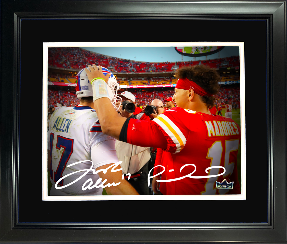 Framed Patrick Mahomes & Josh Allen Dual Facsimile Laser Engraved Signature Auto 11"x14" Football Photo HOFSM Holo (ONLINE ORDER ONLY)
