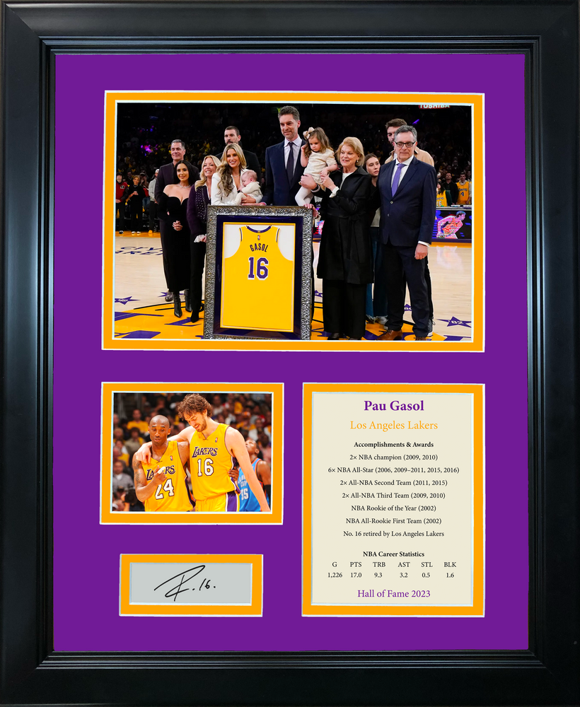 Framed Pau Gasol Hall of Fame Facsimile Laser Engraved Signature Auto Los Angeles Lakers Basketball 11"x14" Photo Sig Collage (ONLINE ORDER ONLY)