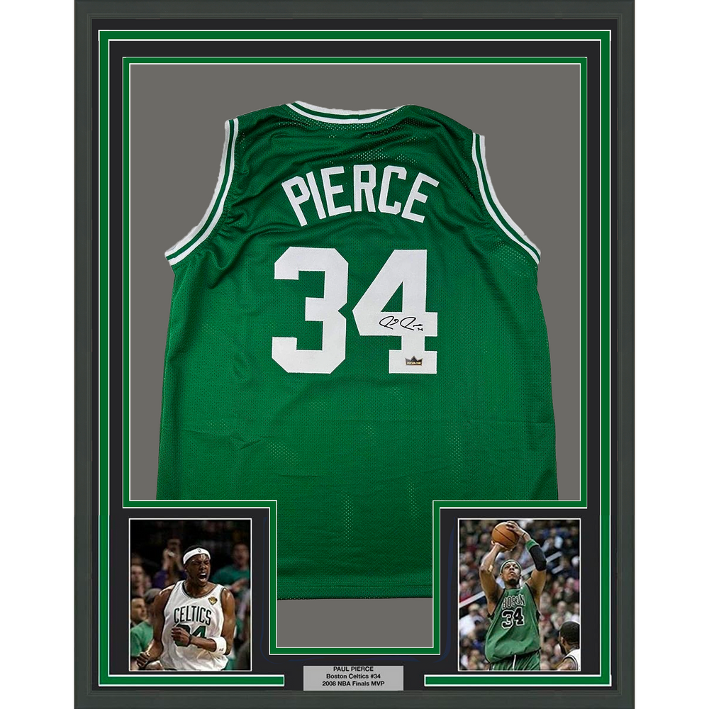 Framed Facsimile Autographed Paul Pierce 35x39 Boston Green Reprint Laser Auto Basketball Jersey (ONLINE ORDER ONLY)