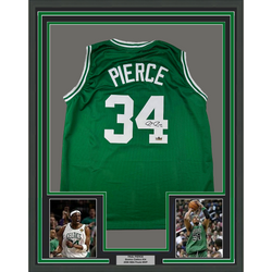 Framed Facsimile Autographed Paul Pierce 35x39 Boston Green Reprint Laser Auto Basketball Jersey (ONLINE ORDER ONLY)