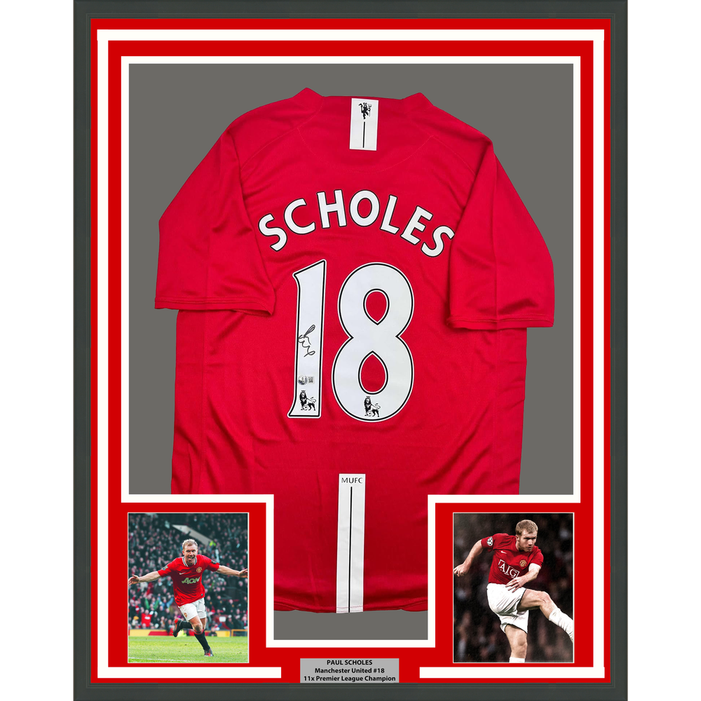 Framed Autographed/Signed Paul Scholes 35x39 Manchester United Red Soccer Jersey Beckett BAS COA