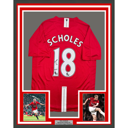 Framed Autographed/Signed Paul Scholes 35x39 Manchester United Red Soccer Jersey Beckett BAS COA
