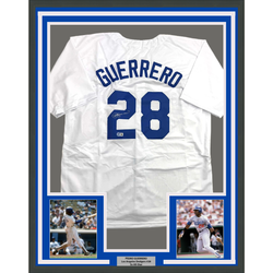 Framed Autographed/Signed Pedro Guerrero 35x39 Los Angeles LA White Baseball Jersey Beckett BAS COA