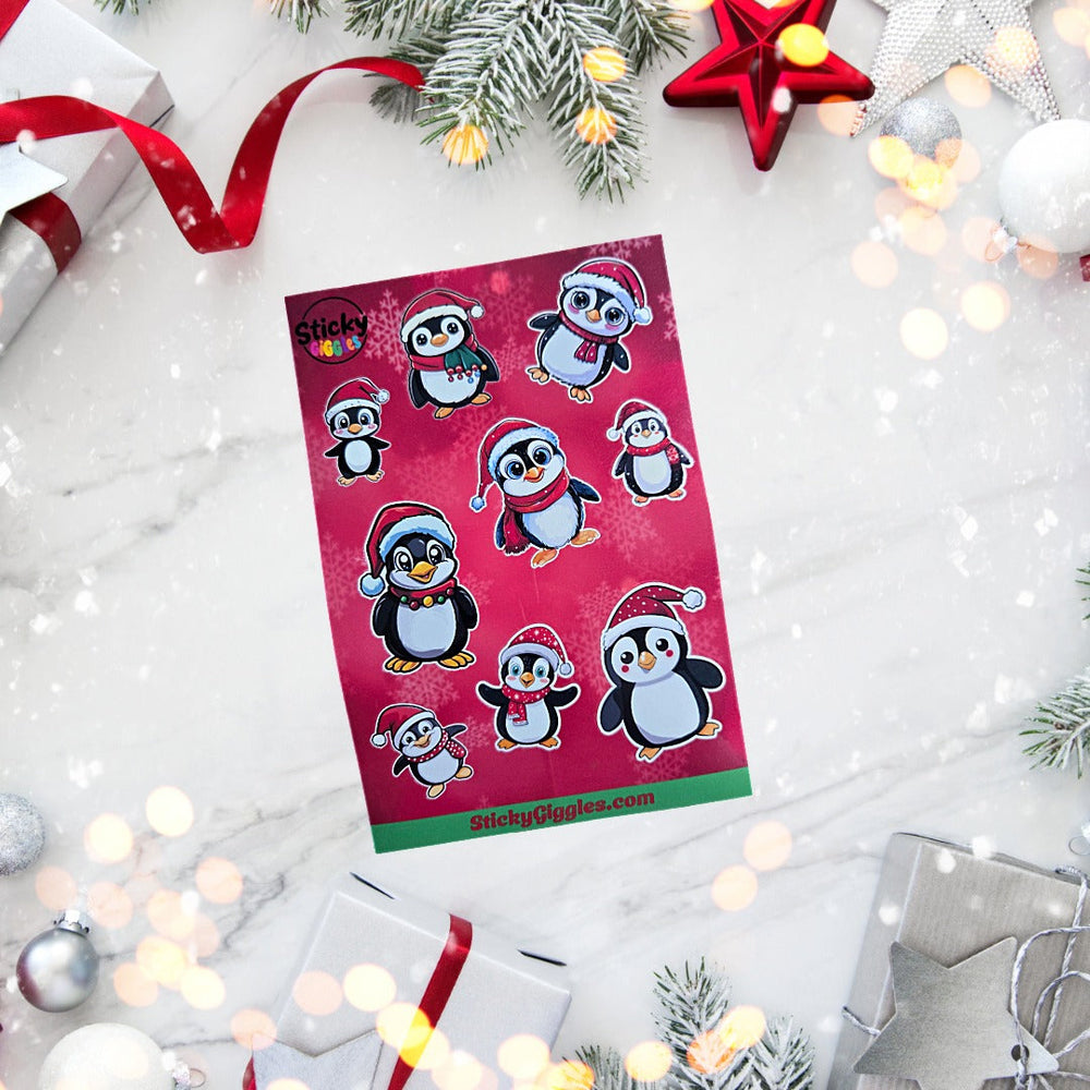 Festive Christmas Penguins Sticker Sheet 9 Stickers (ONLINE ORDER ONLY)