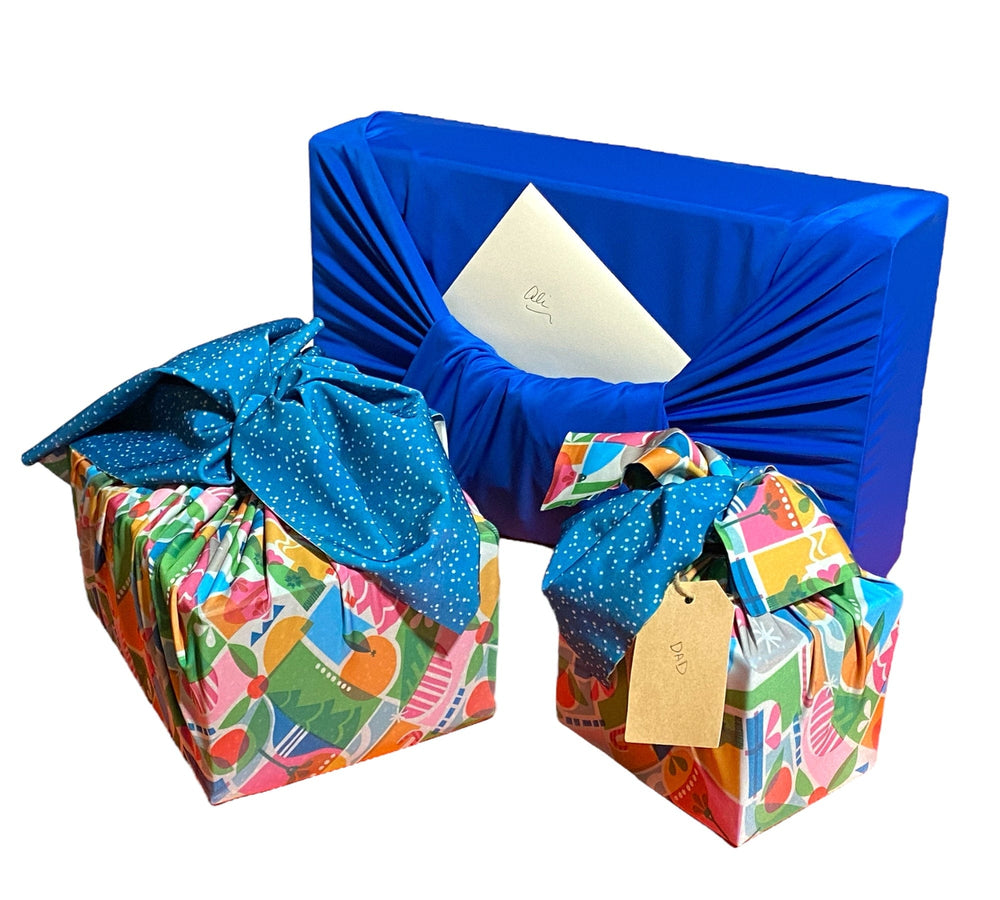 Set of 3 (S, L, XL) Reusable Cloth Furoshiki Gift Wrap | Holiday Shapes & Deep Blue (ONLINE ORDER ONLY)