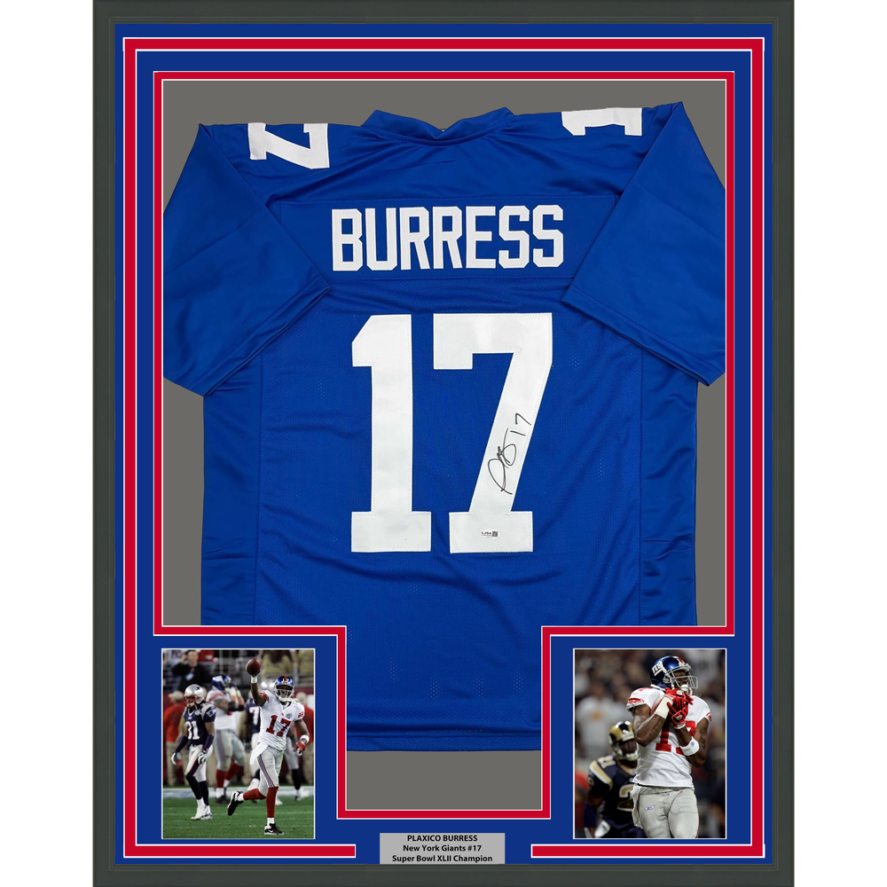 Framed Autographed/Signed Plaxico Burress 35x39 New York Blue Football Jersey JSA COA