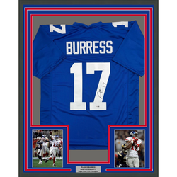 Framed Autographed/Signed Plaxico Burress 35x39 New York Blue Football Jersey JSA COA