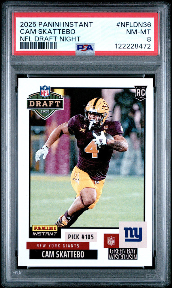 Graded 2025 Panini Instant Cam Skattebo #NFLDN36 NFL Draft Night Rookie RC Football Card PSA 8 Near Mint (ONLINE ORDER ONLY)