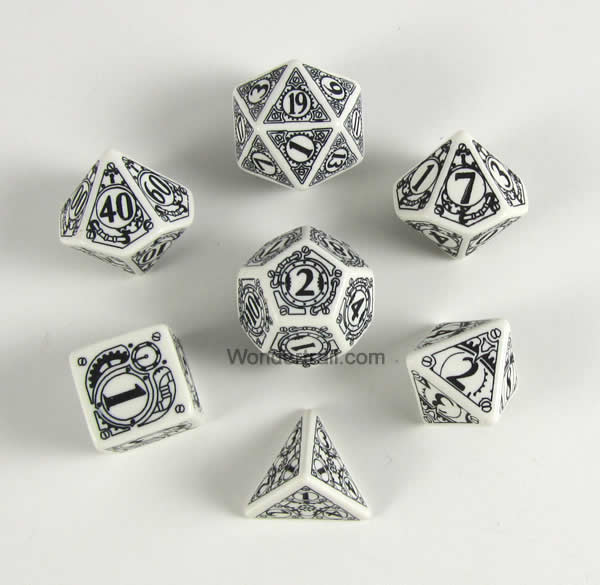 QWSSSTE02 White Steampunk Dice Set of 7 by Q-Workshop (ONLINE ORDER ONLY)