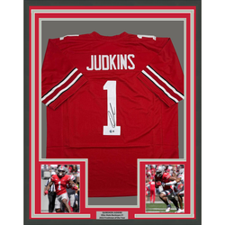 Framed Autographed/Signed Quinshon Judkins 35x39 Ohio State Red College Football Jersey Beckett BAS COA